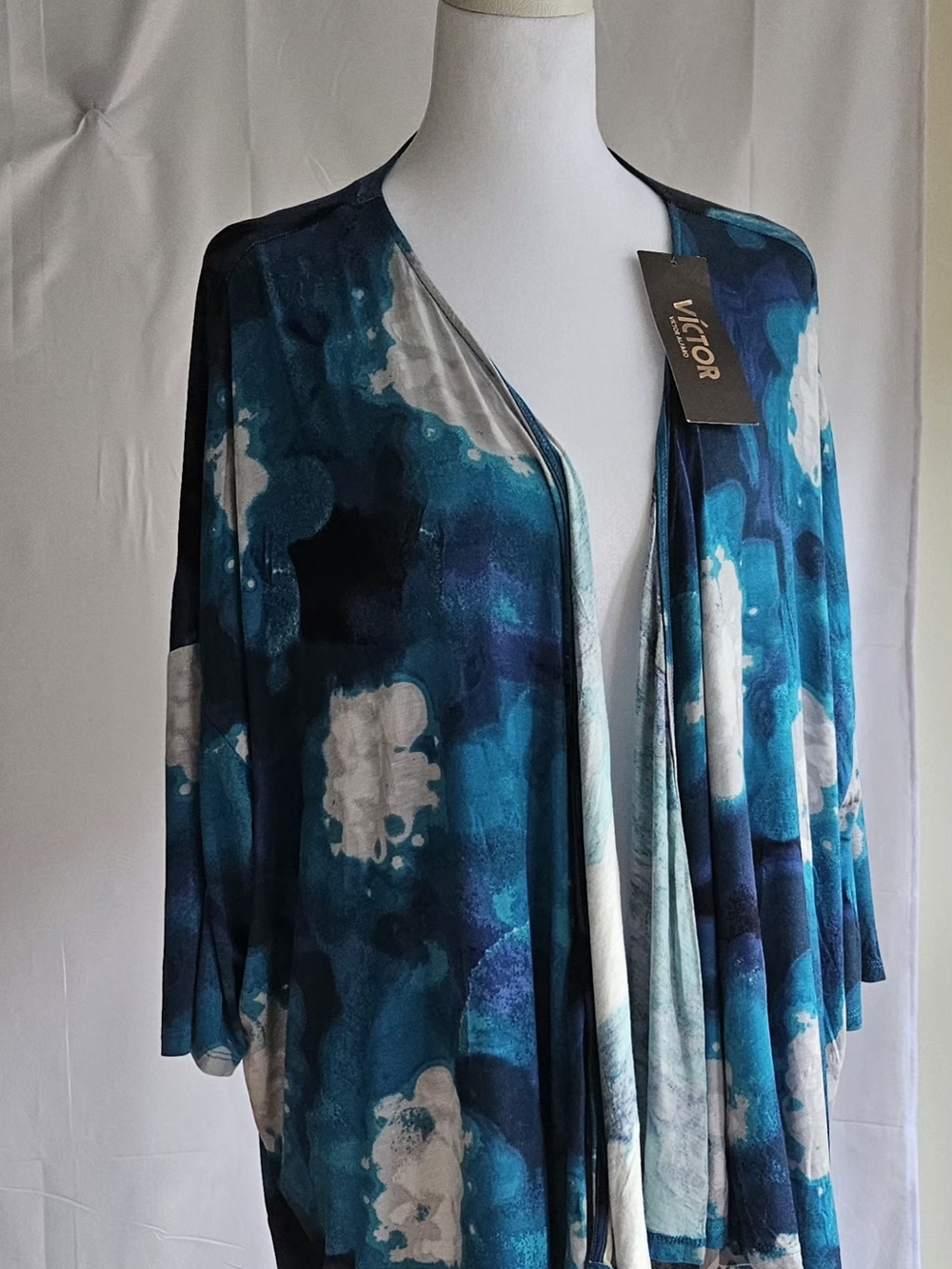 Victor Alfaro NWT Blue Watercolor Kimono Cardigan L - Picture 2 of 13